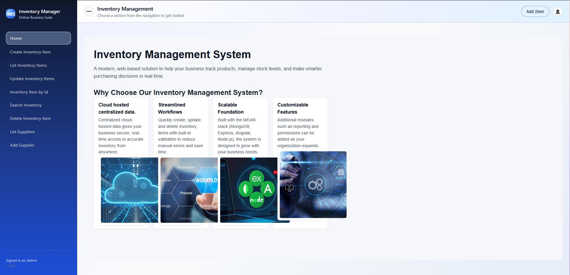 Screenshot of the inventory management system. A full stack project that manages inventory items.