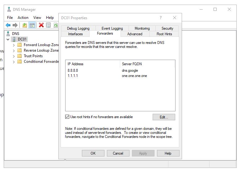 DNS Manager Forwarders Configuration