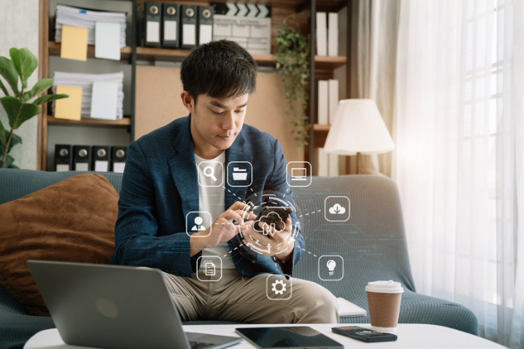 Man accessing phone tech support